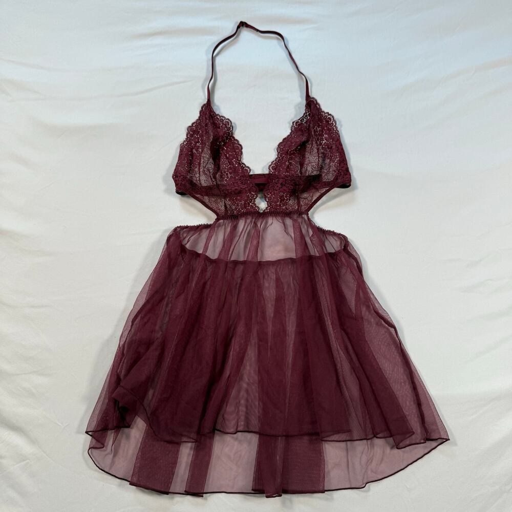 Victoria Secret babydoll nightie halter open back lace burgundy size medium